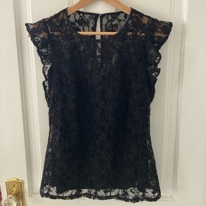 White House Black Market Size 4 Top Lace Flutter Sleeve Shell Black New w/ Tags